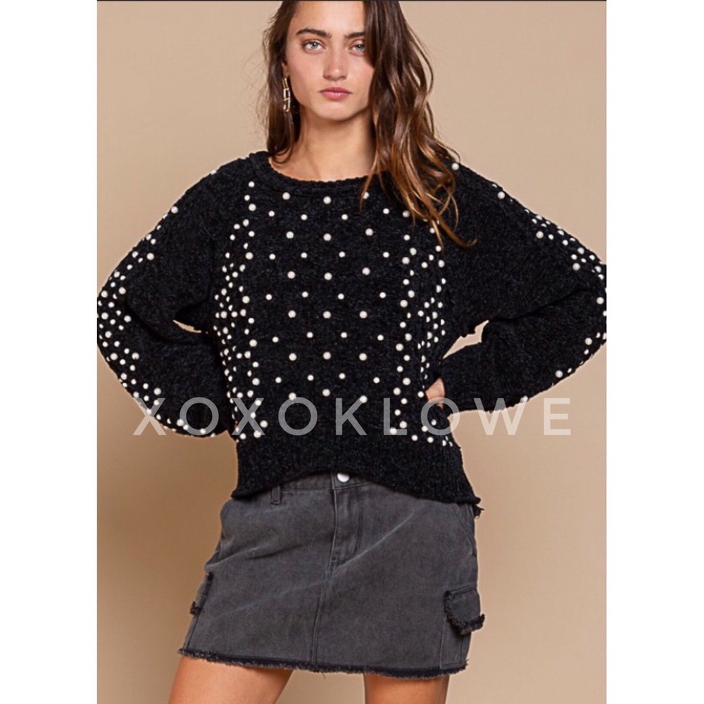 POL Pearl Beaded Black Velvet Chenille Sweater Relaxed Fit - Picture 5 of 13